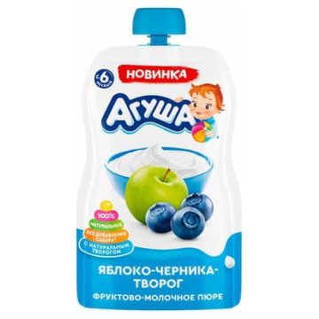 АГУША ЯБЛОКО-ЧЕРНИКА-ТВОРОГ фруктово-мол пюре 90гр 6+ купить на babymarket.uz
